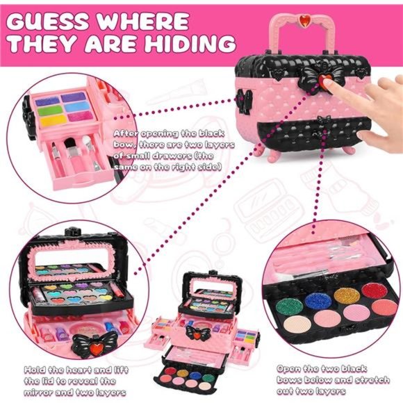 54 Pcs Kids Makeup Kit for Girls,  Washable Cosmetic Set Toys with Mirror (Pink) - Picture 3 of 6
